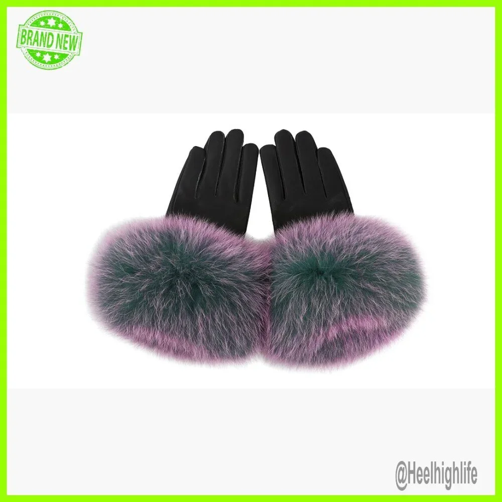 Genuine Lambskin Leather Gloves with Fox Fur Trim, Velvet Lined, Winter Driving